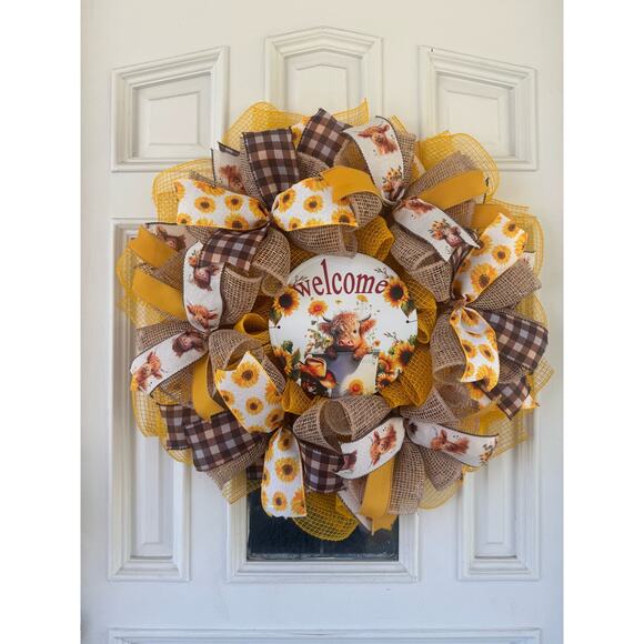 Welcome Highland Cow Sunflower Deco Mesh Ribbon Summer & Fall Wreath - Picture 1 of 7